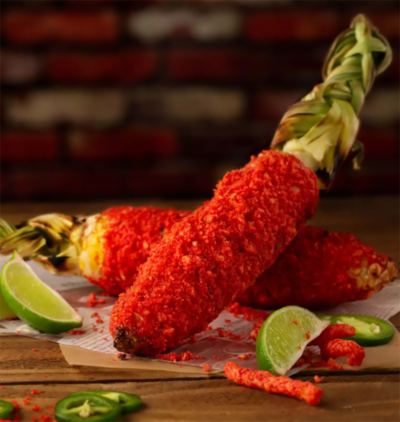 Cheetos Flamin' Hot elote on the cob