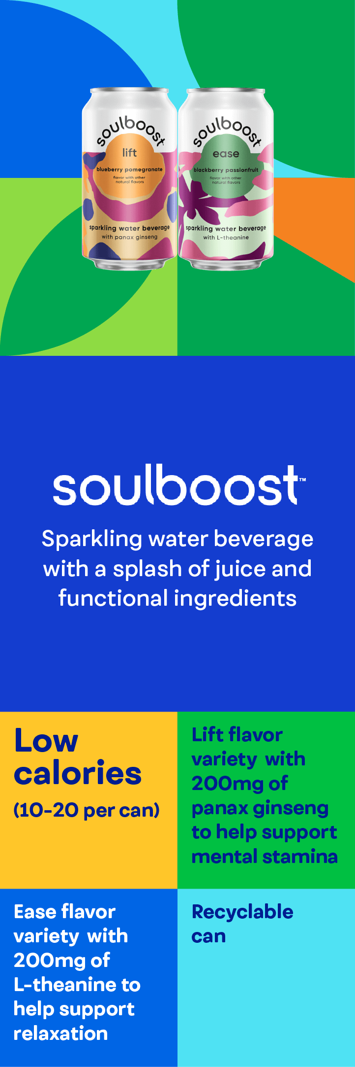 Soulboost sparkling water beverage with a splash of juice and functional ingredients. Low calories, Lift flavor with 200mg of panax ginseng, Ease flavor with 200mg of L-theanine. Recyclable can.